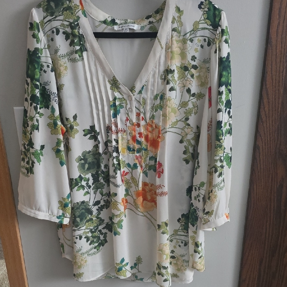 Rose & Olive Ivory Floral Scarf-Neck Blouse with Green and Orange Print - Picture 2 of 7